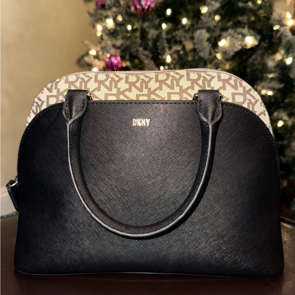 DKNY Bryant Dome Satchel Bowler Hand Bag with Monogram Print, iconic logo EUC